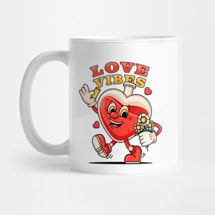 Love vibe, cute cartoon character a bottle of love potion walking carrying flowers Mug